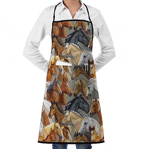 Meaudiwes Men Women Kitchen Apron Waterproof and Oil Proof Bib Apron for Cooking Baking Painting and Party, for Cool Realistic Wild Horses