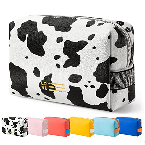 Small Makeup Bag Travel Cosmetic Bag for Women Zipper Pouch Makeup Pouch Waterproof Travel Organizer Bag PU Leather Cute Toiletry Bags(milk cow pattern)
