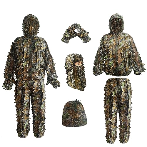 Ghillie Suit, Men's camo Suit, Adult Camouflage Hunting Suit Hooded Equipment, 3D Maple Leaf Suit, Jungle Hunting.