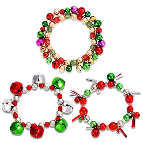 HEIDKRUEGER 3pcs Christmas Jingle Bell Bracelets Xmas Multi Color Beaded Charm Stretch Bracelet Christmas Holiday Party Favors for Women Jewelry Gift