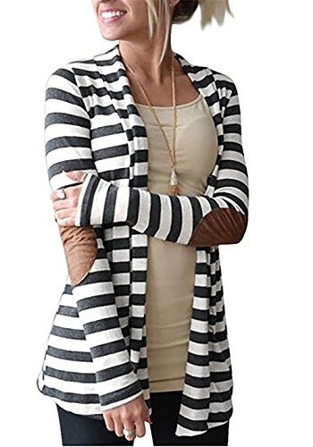 Women's Elbow Patch Long Sleeve Shawl Thick Striped Open Front Cardigan Sweater Black