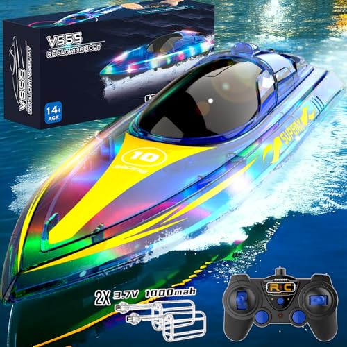 Akargol RC Boat with LED Light for Kids and Adults - Remote Control Boat for Pools and Lakes 2.4 GHZ RC Boats with 2 Rechargeable Battery