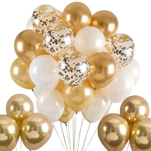 50 Pcs Balloons Set for Parties, Gold Chrome, White Pearl and Gold Confetti 12 Inch Natural Latex Balloons For Party Decorations,Birthday,Baby Shower Décor,32ft Curling Ribbon