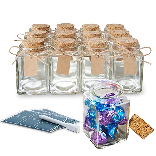 Otis Classic Square Glass Jars with Lids - Set of 12 Mini Glass Jars with Corks for Wedding & Party Favors, DIY Crafts, Potions, Spices & Candy, 3.4 oz