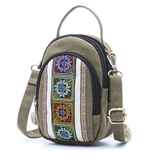Vintage Embroidered Canvas Small Flip Crossbody Bag Cell Phone Pouch for Women Wristlet Wallet Bag Coin Purse (S3 Army green)