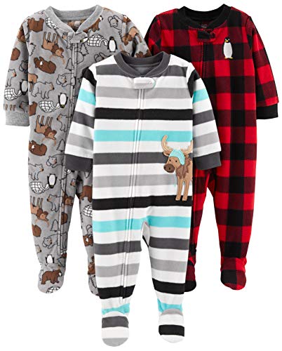 Simple Joys by Carter's Boys' 3-Pack Loose Fit Flame Resistant Fleece Footed Pajamas, Buffalo Check/Polar Bear/Stripe, 2T