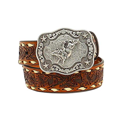 Nocona Boots Boys' 1-1/4' Bull Rider Floral Embossed Leather Western Belt Buckle, Tan, 22