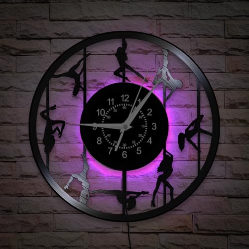 TIMEGLOW Pole Dancing Wall Clock, 7 Colors LED Lighting 12 Inch Sexy Female Dancers Wall Clock, Silent Quartz Non Ticking Modern Decorative Night Light Vinyl Record Wall Clock for Pole Dancers Gifts