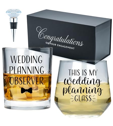 Newlywoo Wedding Planning Glass Engagement Gifts for Couples - Wine Whiskey Fiance Gifts for Her and Him - Newly Engaged Couple Unique Glasses with Diamond Wine Stopper