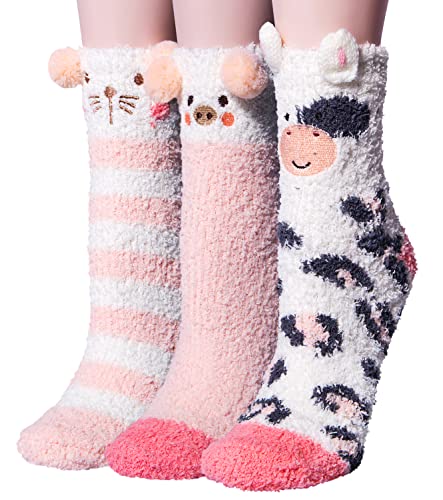 3 Pairs Womens Fuzzy Socks Cozy Winter Warm Fluffy Soft Cute Animal Fuzzy Home Slipper Socks, A-Baby pink
