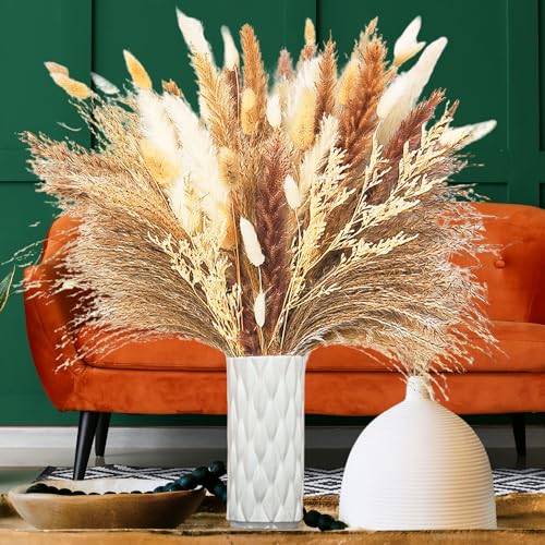 Dried Pampas Grass Decor - 90 Pcs Dried Flowers for Boho Home Decor & Centerpiece Table Decorations - Pompas Floral Bouquet Contain Various Attractive Leaves to Decorate Living Room Farmhouse Wedding