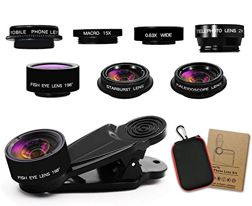 7 in 1 Universal Clip-On Camera Lens Kit By PrimEra State | Professional HD Zoom Telephoto, Wide Angle, Macro, Kaleidoscope, Fish Eye, Starburst & CPL Lens | For iPhone, Samsung, BlackBerry, Google, H
