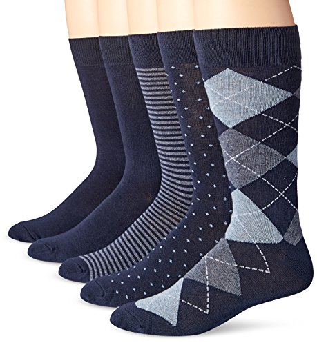 Amazon Essentials Men's Patterned Dress Socks, 5 Pairs, Navy Novelty, 8-12