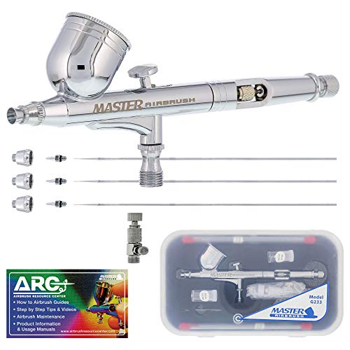 Master Airbrush G233 Pro Set with 3 Nozzle Sets - Dual-Action Gravity Feed Airbrush with Cutaway Handle and How-To Guide