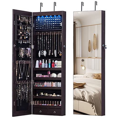 AOOU 6 LED Mirror Jewelry Cabinet Full Screen Display jewelry Armoire Organizer，47.3' H Lockable Wall/Door Mounted Makeup Box with 2 Drawers Brown