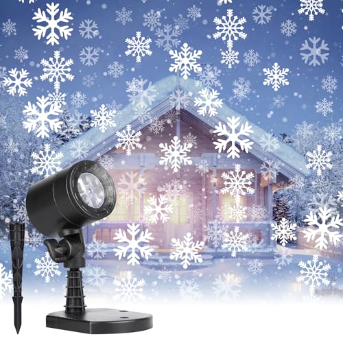 Christmas Snowflake Projector Lights Outdoor LED Snowfall Projection Landscape Lighting Waterproof Plug in Moving Effect Wall Mountable Snow Lights for Indoor Xmas Holiday Home Party New Year Show