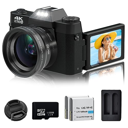 Vlogging Camera for YouTube, 4K 48MP Digital Cameras for Photography 16X Digital Zoom Manual Focus Students Compact Camera with 52mm Wide-Angle & Macro Lens, 32G TF Card and 2 Batteries(Black)
