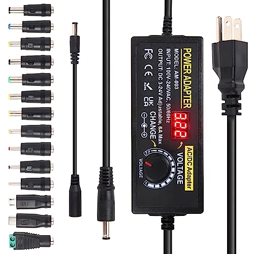 3~24V 6A Adjustable Power Supply 144W Universal DC Power Adapter with Polarity Converter&14 Tips, 3V 5V 6V 9V 12V 15V 18V 19V 20V 24V 100V-240V AC to DC Variable Power Converter for LED Strip Light