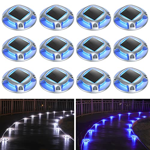 Solar Driveway Lights AGPTEK Solar Deck Lights 12 Pack, 2 Color Modes Dock Lights Marine Outdoor Waterproof LED Solar Driveway Marker Lights for Sidewalk, Pathway, Yard, Step (Blue Light/Cool White)