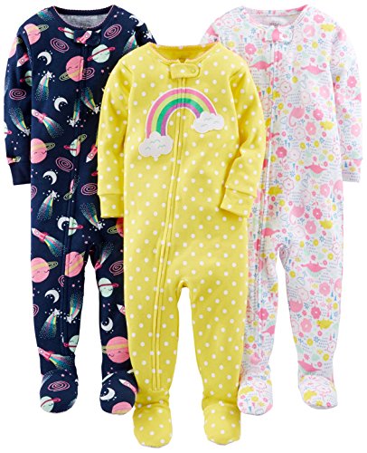 Simple Joys by Carter's Baby Girls' Snug-Fit Footed Cotton Pajamas, Pack of 3, Navy Space/White Dinosaur/Yellow Dots, 12 Months