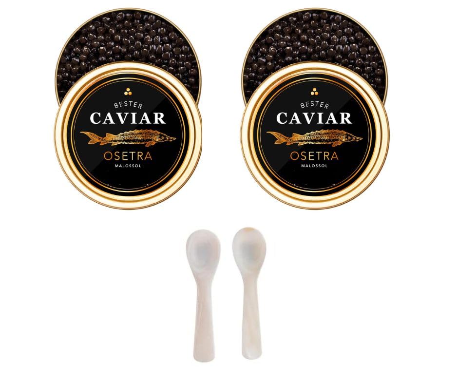 OVERNIGHT GUARANTEED, BESTER Premium Russian Osetra Sturgeon Caviar - 2x 1 oz-30G (Duo Pack) 2 tins of 30g each - Malossol Ossetra Black Roe - Premium Quality, Traditional Style, imported