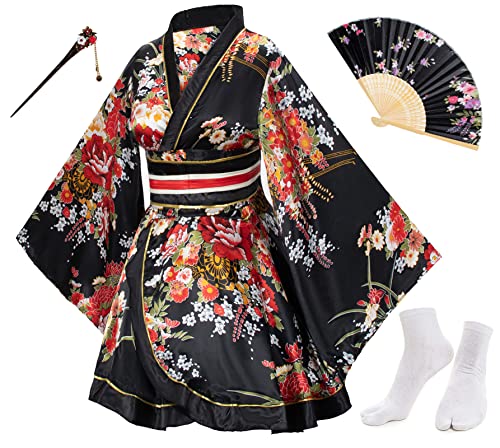 Japanese Anime Women's Dance Kimono Robe Fancy Dress Yukata Silk Folding Fans Tabi Hairstick Socks Set Black Plus Size
