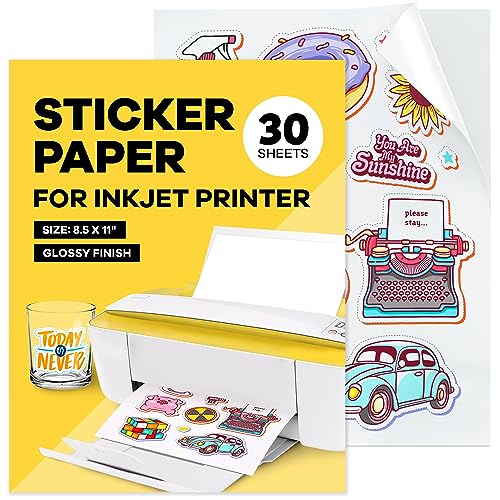 Sticker Paper - Sticker Paper for Inkjet Printer - Printable Vinyl Sticker Paper - (30 Sheets, Glossy White, 8.5x11') - Sticker Printer Paper - Cricut Sticker Paper - Vinyl Sticker Paper