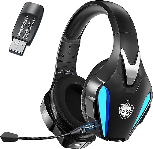 PHOINIKAS 2.4G Wireless Gaming Headset for PS4 PS5 PC Nintendo Switch, Wireless Over Ear Gamer Headphones with Detachable Mic, 3.5mm Wired Gaming Headset for Xbox One/Phone, 7.1 Stereo Sound - Blue