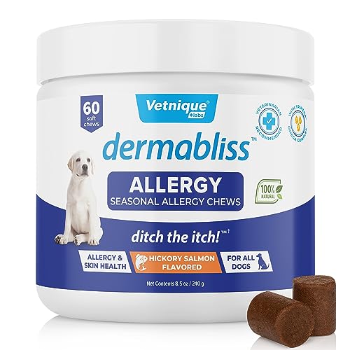 Vetnique Labs Dermabliss Dog Allergy and Itch Relief, Skin and Coat Health Supplements and Grooming Supplies with Omega 3-6-9, Biotin - Ditch The Itch (Allergy Chews, 60ct)