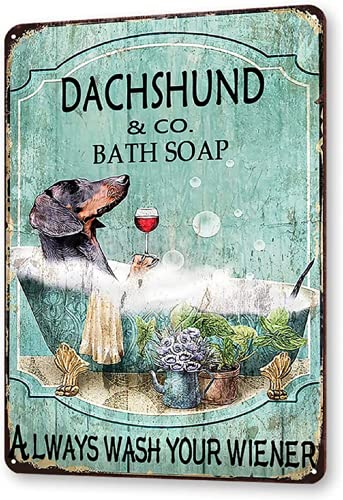 Mconlwa TINME Dachshund & Co. Bath Soap Tin Sign Wash Your Wiener Metal Sign Vintage Bar Home Bathroom Wall Decoration Sign 12x8 Inch