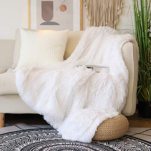Tuddrom Decorative Extra Soft Faux Fur Throw Blanket 50' x 60',Solid Reversible Fuzzy Long Hair Shaggy Blanket,Fluffy Cozy Plush Fleece Comfy Microfiber Fur Blanket for Couch Sofa Bed,Pure White