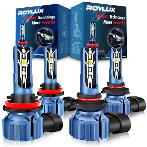 ROYLUX H11/H9/H8 Low Beam 9005/HB3 High Beam LED Fog Light Bulbs Combo, 350% Brightness 6000K Cool White Mini Size, Pack of 4