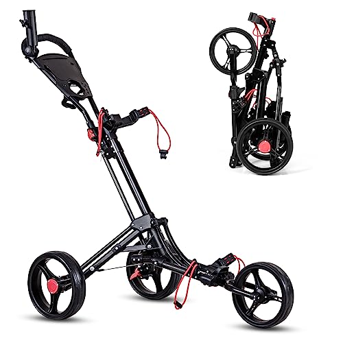 Tangkula Golf Push Pull Cart, Lightweight Foldable Collapsible 3 Wheels Golf Push Cart, Golf Trolley with Elastic Strap, Cup Holder, Scoreboard Storage & Foot Brake