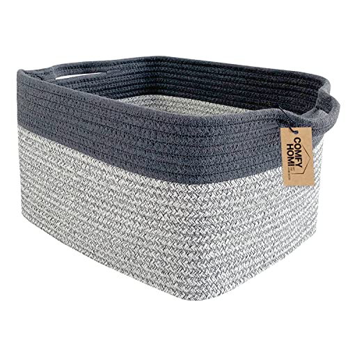 COMFY-HOMI Medium Rectangle Soft Cotton Rope Basket With Handles for Shelf, Gift, Towel, Blanket Storage Basket for Dog Toys Bin, Kid’s Room, Decorative Farmhouse 13.5' x 11' x 9.5'-Light Grey