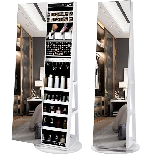 LVSOMT 360° Swivel Jewelry Armoire Cabinet, Full Length Mirror with Jewelry Storage, Standing Jewelry Armoire Organizer with Mirror, Rotatable, Large Capacity (White)
