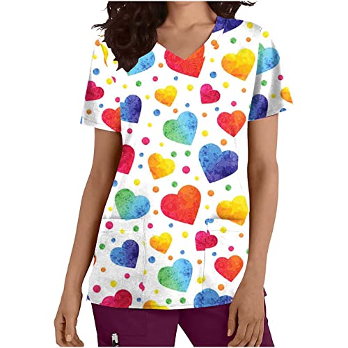 Cute Scrubs Womens Gifts,Women's Scrubs Tops Valentine's Day Short Sleeve Breathable T Shirt Love Heart Print Graphic Tee Casual Working Nursing Uniform with Pockets Multicolor