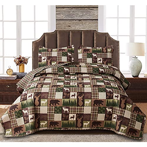 Oliven Reversible Lodge Plaid Bedding Moose Bear Quilt Full/Queen Size Rustic Bedspread Cabin Coverlet Wildlife Forest Daybed Cover Summer Lightweight Bed Cover Pillow Shams