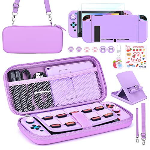 Younik Switch Accessories Bundle, 15 in 1 Purple Switch Accessories Kit for Girls Include Switch Carrying Case, Adjustable Stand, Protective Case for Switch Console & J-Con