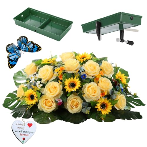 ALL SPECIAL Headstone Flower Saddle - Grave Saddle Flowers for Cemetery - Tombstone Saddle Flowers Arrangements Gravestone Saddle Floral Yellow Rose sunflowe That Never Be Blown Away by Strong Winds