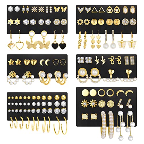 68 Pairs Gold Stud Earrings for Women Multipack, Hypoallergenic Assorted Girls Earring Set Multiple Piercings,Cubic Zirconia Pearl Butterfly Stud Hoop Earring Pack