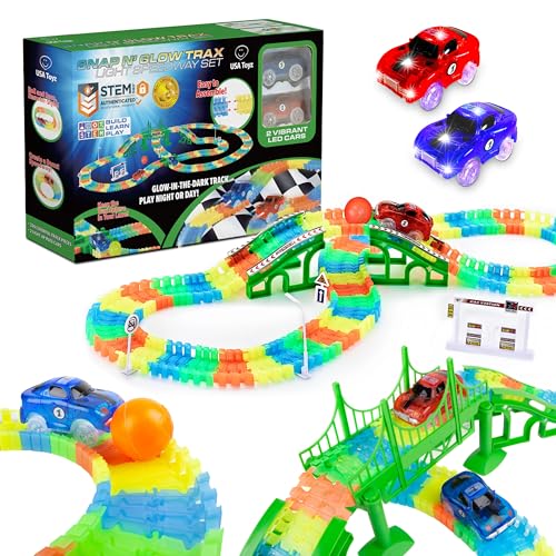 USA Toyz Glow Race Tracks and LED Toy Cars - 360pk Glow in The Dark Bendable Rainbow Race Track Set STEM Building Toys for Boys and Girls with 2 Light Up Toy Cars