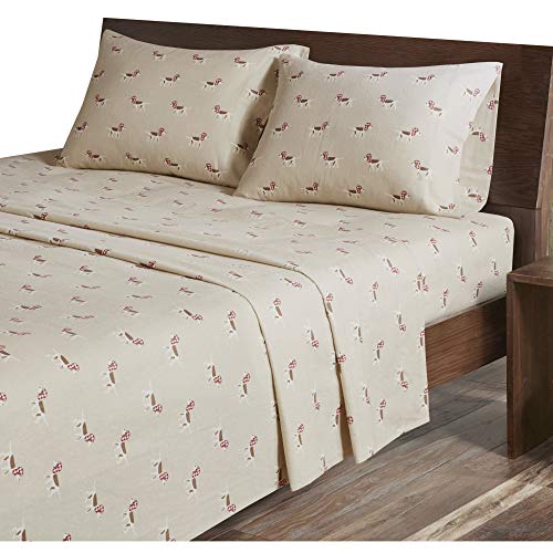 Woolrich Flannel 100% Cotton Sheet Set Warm Soft Bed Sheets with 14' Elastic Pocket, Cabin Lifestyle, Cold Season Cozy Bedding Set, Matching Pillow Case, Queen, Tan Dog, 4 Piece
