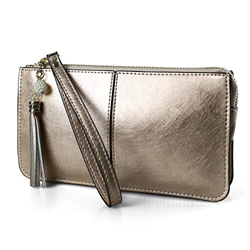 befen Gold Clutch Wristlet Purse, Women's Genuine Leather Wristlet Clutch Cell Phone Wallet, Multi Card Organizer Wallet Purse (Champagne Gold)