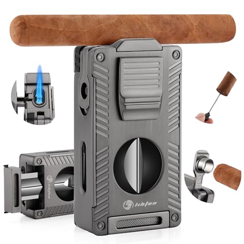 LIHTUN Cigar Torch Lighter, All-in-1 Cigar Lighter Built-in Cigar Holder Cigar Punch Cigar Draw Enhancer Cigar Cutter V Cut, Double Jet Flame Refillable Butane Lighters for smoking, Cigar Gift for Men