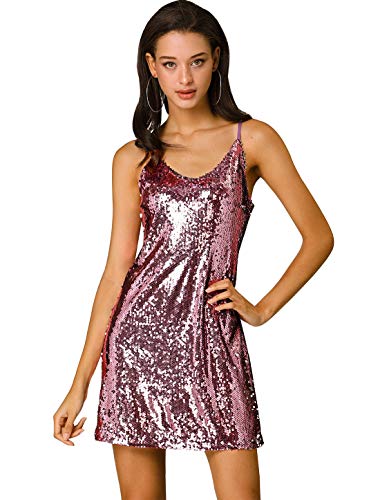 Allegra K Women's Glitter Sequin Dress V Neck Spaghetti Strap Halloween Mini Party Dress Clubwear X-Large Light Pink