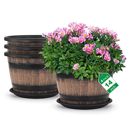 Large Plastic Plant/Flower Pots Set of 4 Pack14 inch,Whiskey Planters with Drainage Holes & Saucer. Imitation Wine Barrel Design for Indoor & Outdoor Garden Balcony Plants.5 Gallons【Brown】