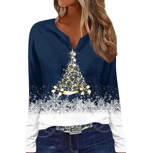 Black of Friday Deals 2023,Christmas Shirts for Women Fall Trendy Xmas Tree Snowflake Print Long Sleeve Tops,Dressy Casual Loose V Neck Button Decorations Going Out T Shirt(D-Dark Blue,2XL)
