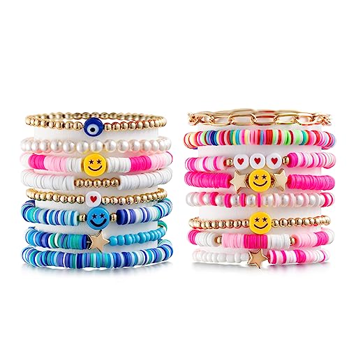 LieToi 16Pcs Preppy Heishi Bracelets Set Colorful Smile Heart Star Evil Eye Beaded Polymer Clay Pearl Stackable Charm Y2K Kidcore Summer Beach Bohemian Layering Bracelets Jewelry for Women Girls Teens