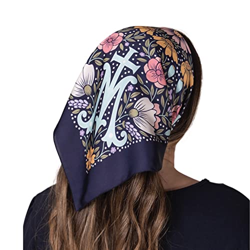 Catholic Veil Head Scarf - Bandana Style Chapel Veils Catholic Mass - Marian Floral Mantilla for Church - Catholic Veils for Women Mass - Velos Para Ir a la Iglesia (Blue)