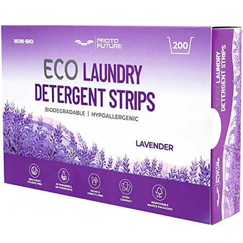 Proto Future Eco-friendly Laundry Detergent Sheets - Biodegradable, Hypoallergenic, Zero Waste, Plastic-Free Eco-Strips - No Enzymes, Plant-Based Formula (Lavender, 200 washes)